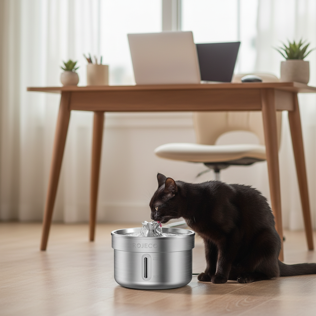 Fontaine à eau pour chat sans électricité en inox 2L dans un bureau, chat noir qui boit