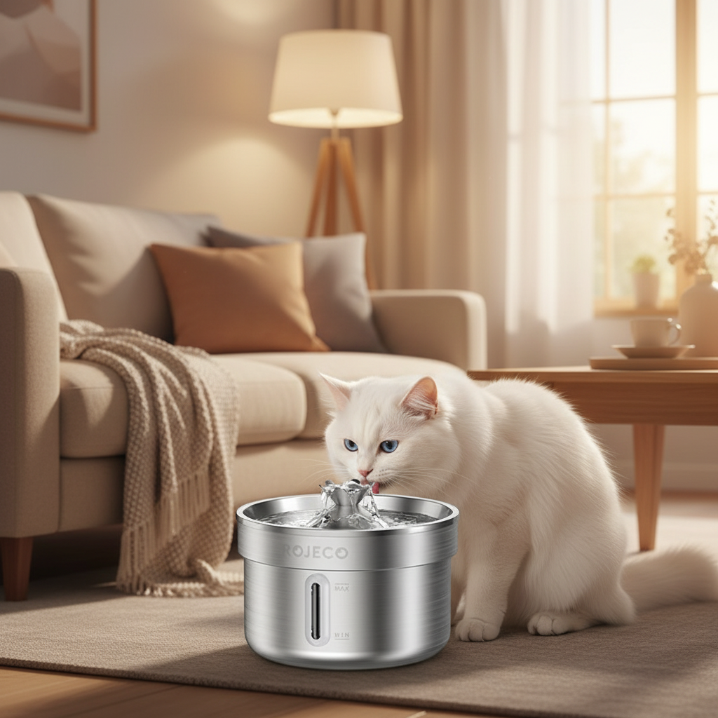 Fontaine à eau pour chat sans électricité en inox 2L dans un salon cosy, chat blanc moelleux qui boit