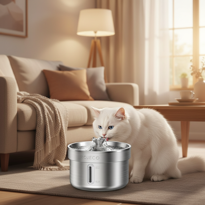 Fontaine à eau pour chat sans électricité en inox 2L dans un salon cosy, chat blanc moelleux qui boit
