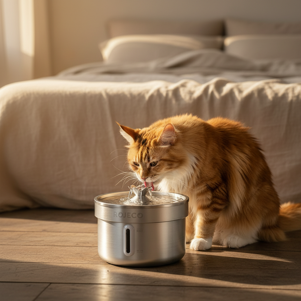 Fontaine à eau pour chat sans électricité en inox 2L dans une chambre, Maine Coon qui boit, lumière dorée