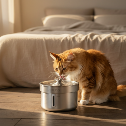 Fontaine à eau pour chat sans électricité en inox 2L dans une chambre, Maine Coon qui boit, lumière dorée
