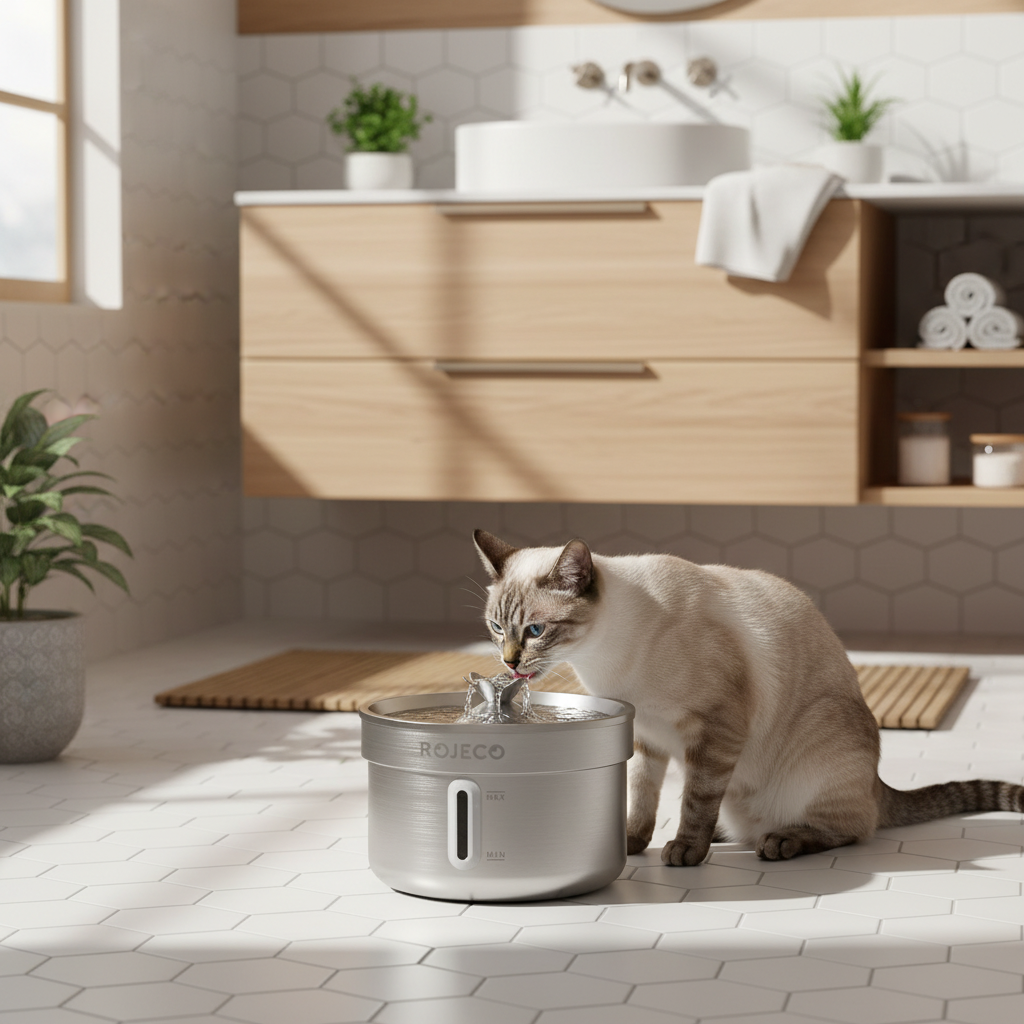 Fontaine à eau pour chat sans électricité en inox 2L dans une salle de bain spa, chat Siamois qui boit