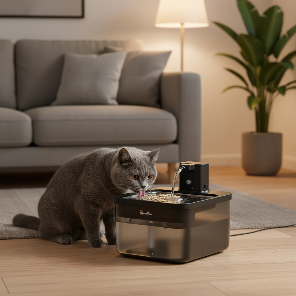 Fontaine à eau pour chat DowryPaws sans fil dans un salon cosy, British Shorthair gris qui boit