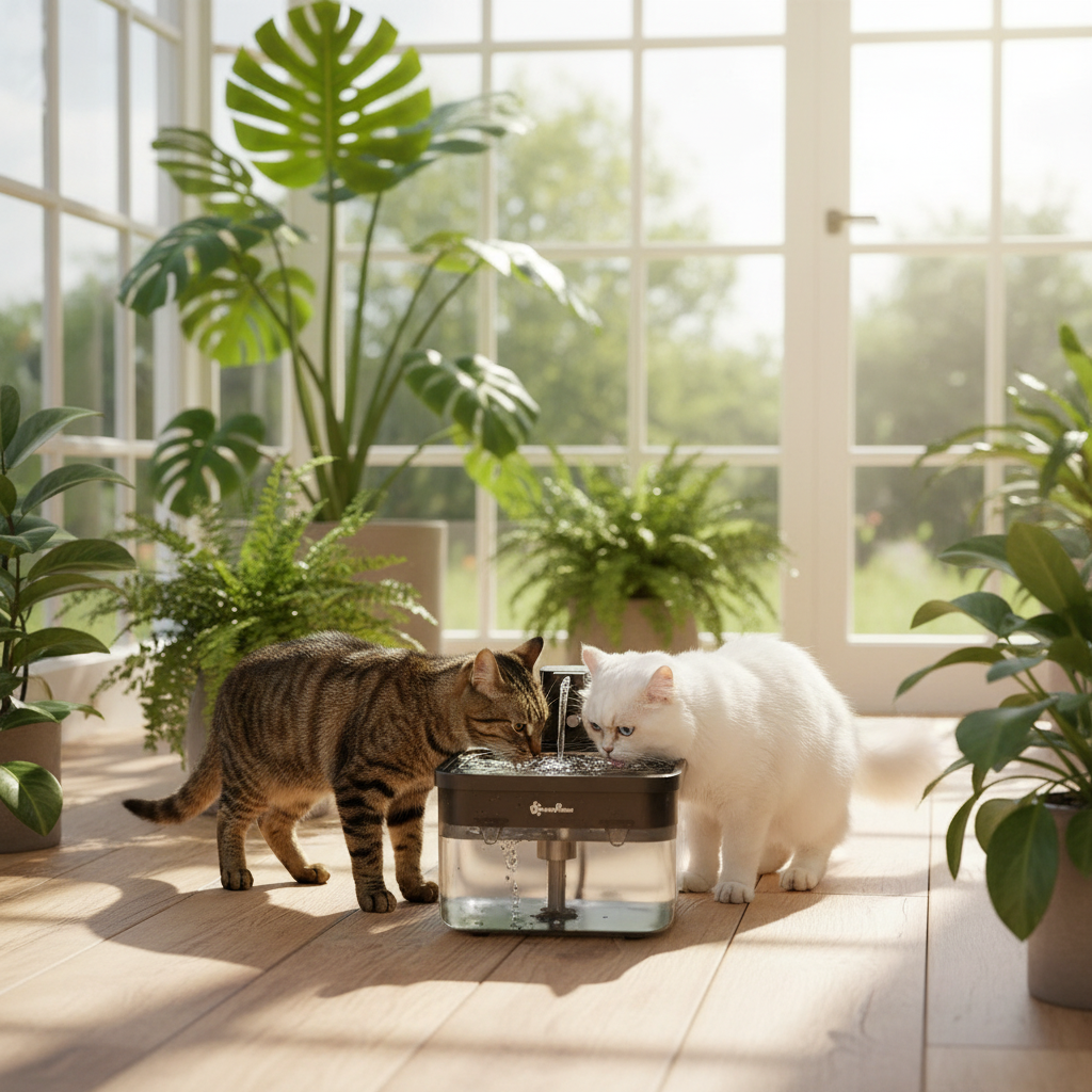 Fontaine à eau pour chat DowryPaws sans fil sur véranda ensoleillée, deux chats tabby et blanc qui boivent ensemble