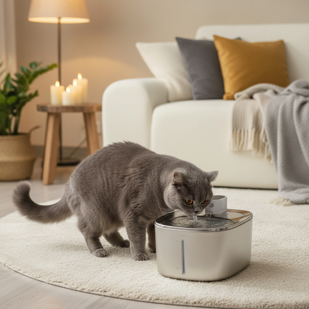 fontaine a eau sans electricite chat gris Salon