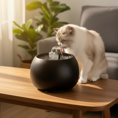 Fontaine à eau pour chat ceramique noire sur table en bois - ambiance chaleureuse
