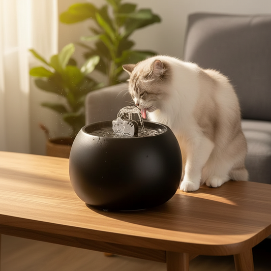 Fontaine à eau pour chat ceramique noire sur table en bois - ambiance chaleureuse