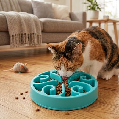 Gamelle anti glouton chat bleue