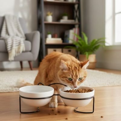 Gamelle chat surélevée - chat qui mange