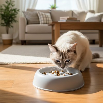 Gamelle labyrinthe chat - chat gris qui mange dans sa gamelle anti glouton