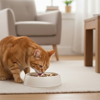 Gamelle labyrinthe chat - chat roux qui mange dans une gamelle blanche 