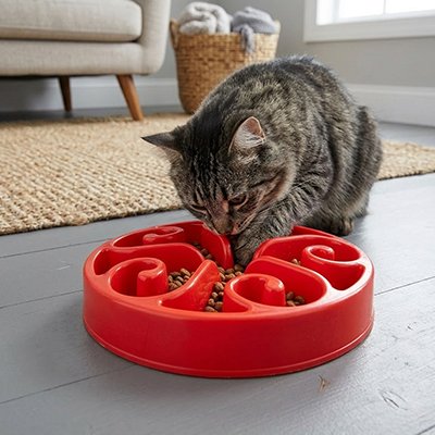 Gamelle labyrinthe chat rouge