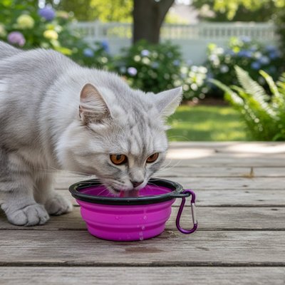 gamelle-pour-chat_pliable et rose avec mousqueton