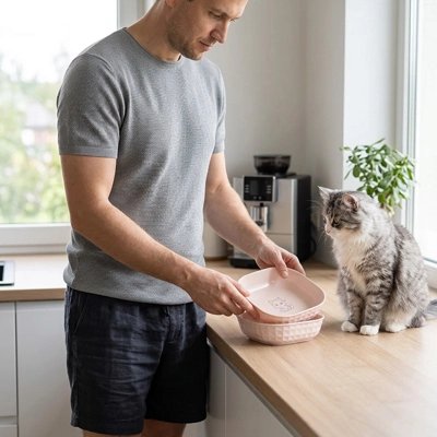 Gamelles chaton - chat avec son maitre