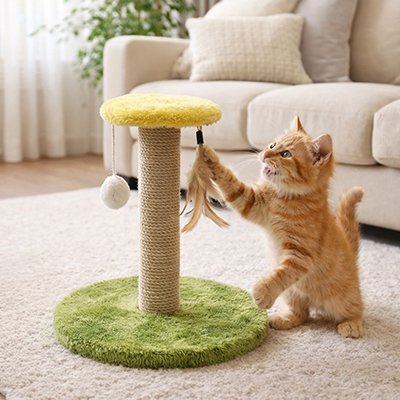 Griffoir pour chat - chat joue avec le griffoir vert