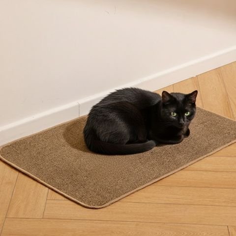 tapis-griffoir-chat_noir couche avec des yeux verts