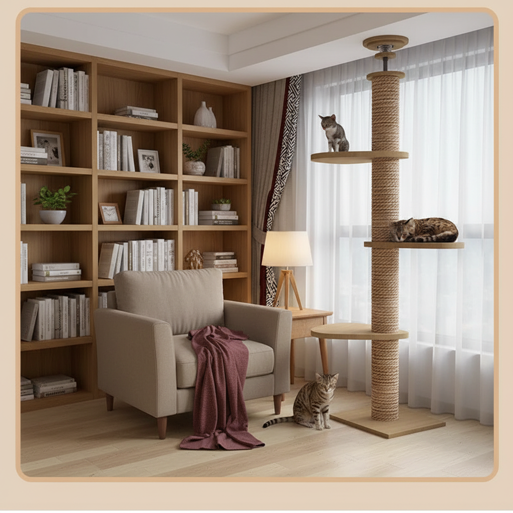 Trois chats sur l'arbre dans le coin lecture